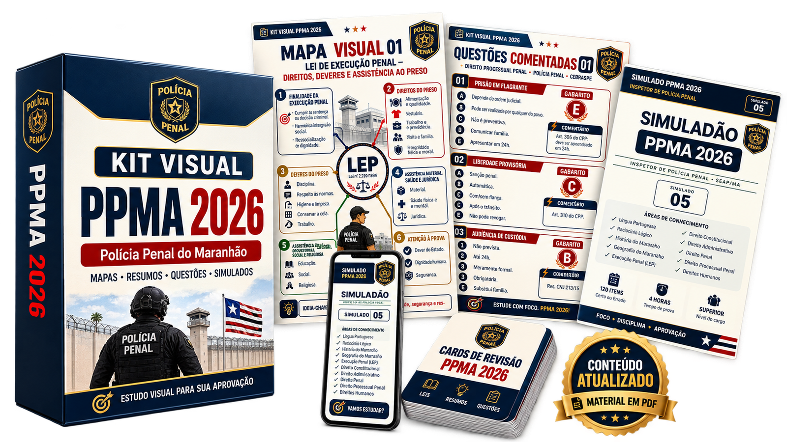 Mockup do Kit Visual PPMA 2026 com apostila, mapas mentais, resumos e simulados CEBRASPE
